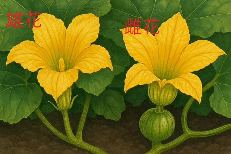 カボチャの雄花と雌花