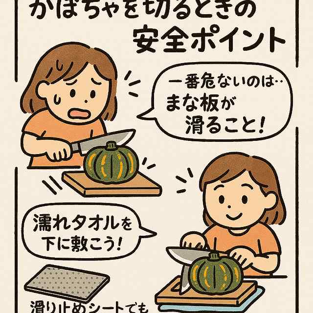 カボチャを切るとき、まな板と濡れタオルで安全対策