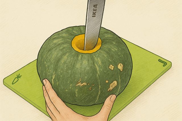 底側の穴に包丁を垂直に突き立てる