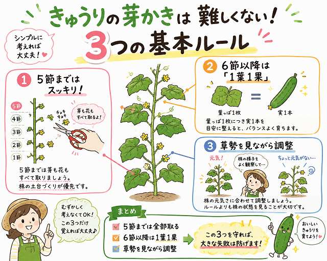 キュウリは5節までは芽と花をすべて取る