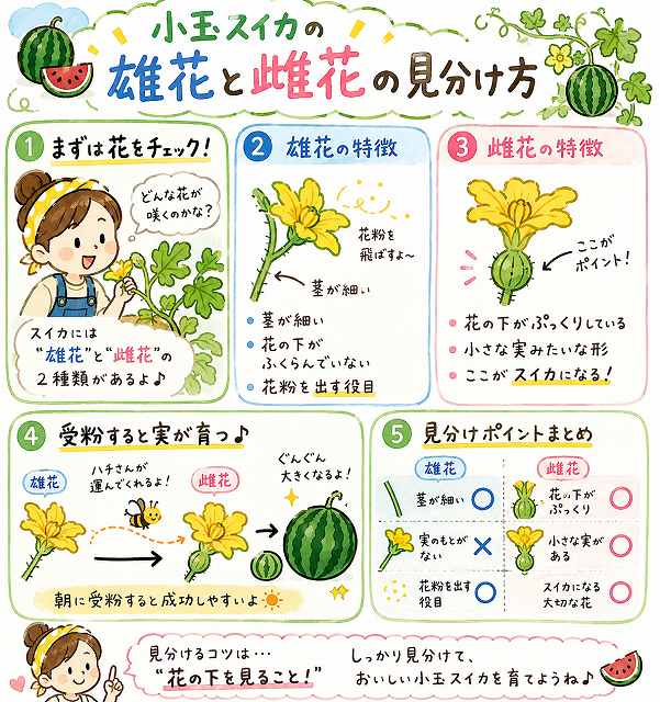 小玉スイカの雌花と雄花の違い